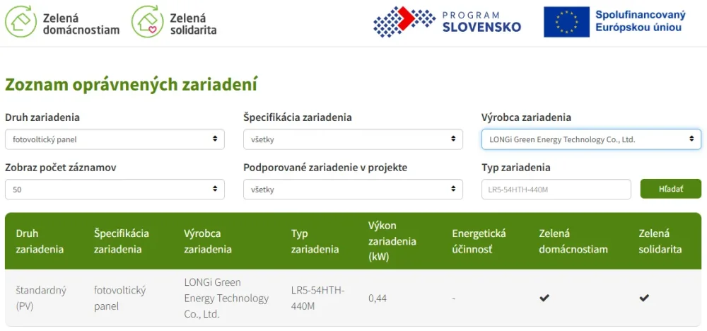 Zelená domácnostia - registrované zariadenie